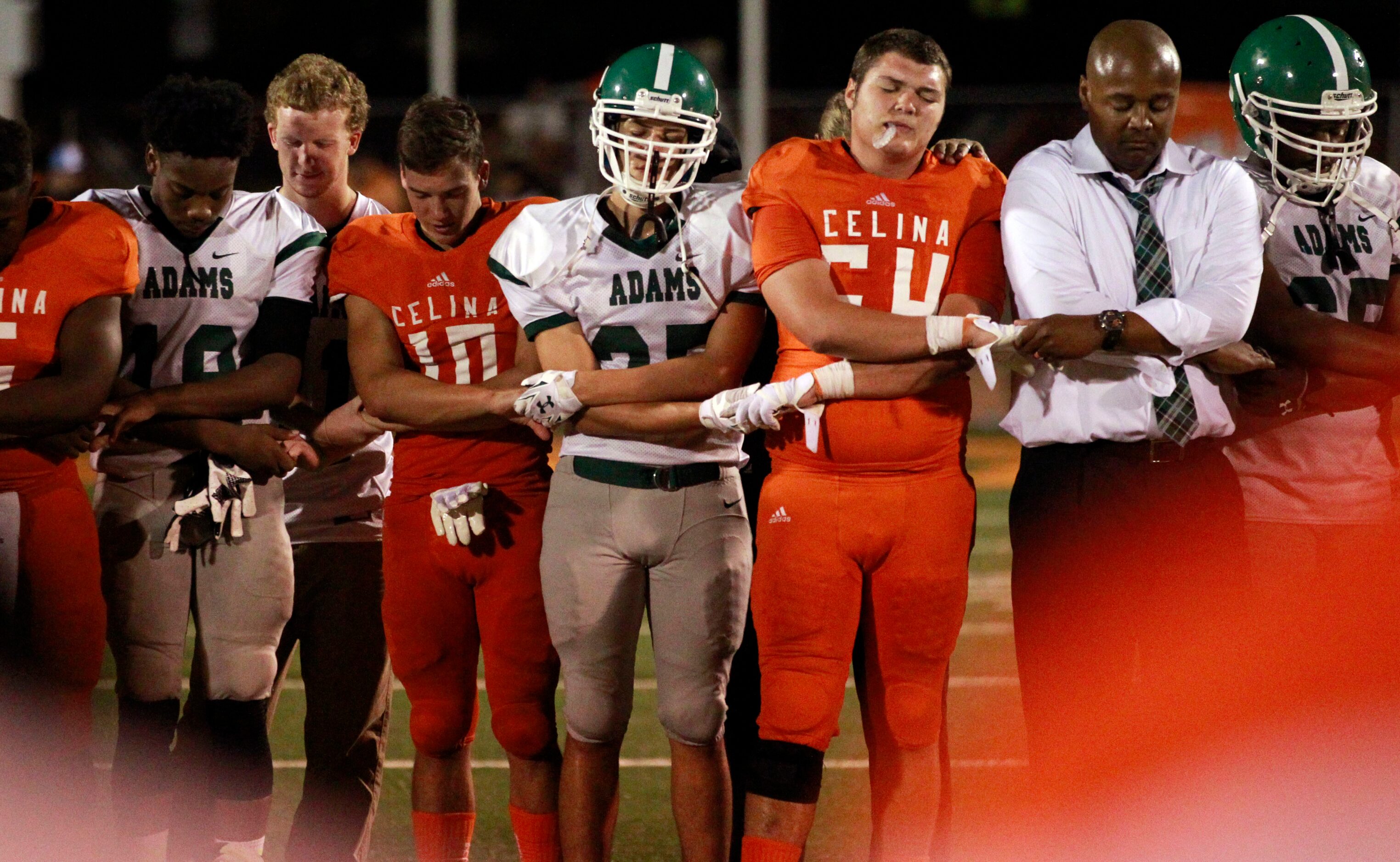 (TXHSFB) Opponents, including Celina Trent Lindblad (10)  and Graham Buchanan (54) and Bryan...