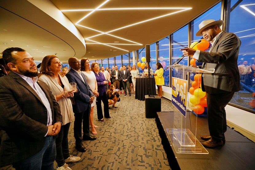 Dallas Mayor Eric Johnson speaks during an election night party at Reunion Tower Saturday,...