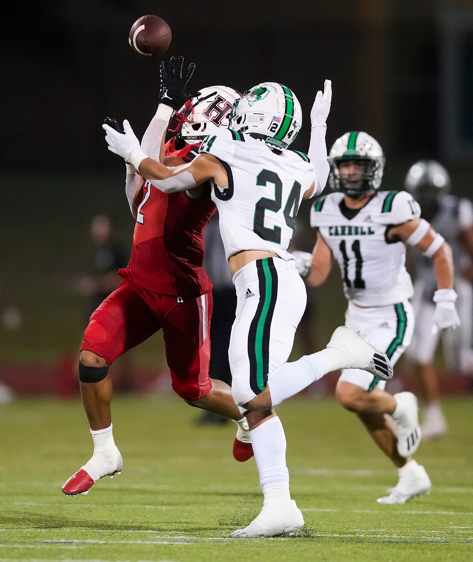 Rockwall-Heath wide receiver Jordan Nabors (2) can’t make a catch as Southlake Carroll...