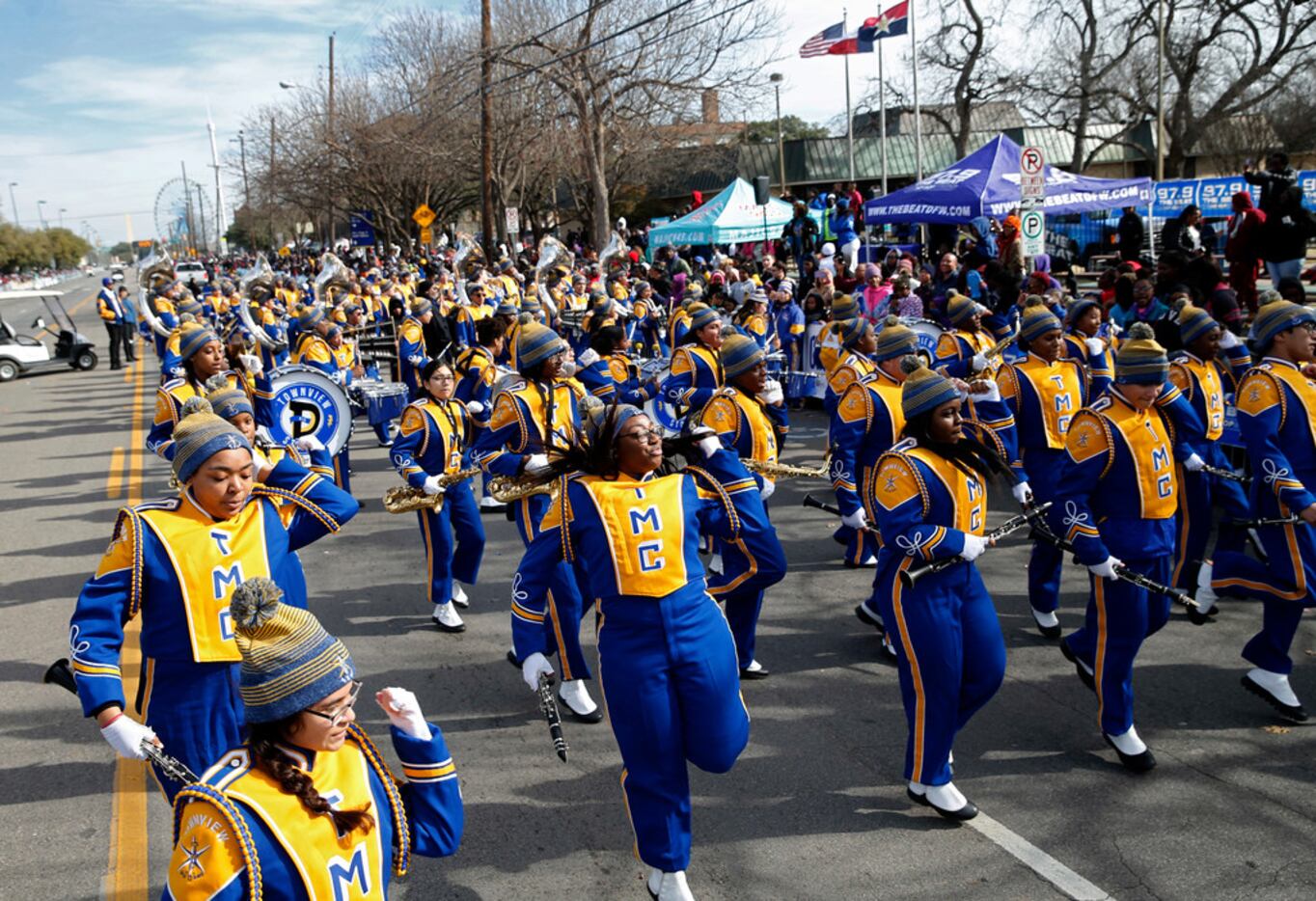 Townview Magnet Center marching band dances as they make their way down Martin Luther King...