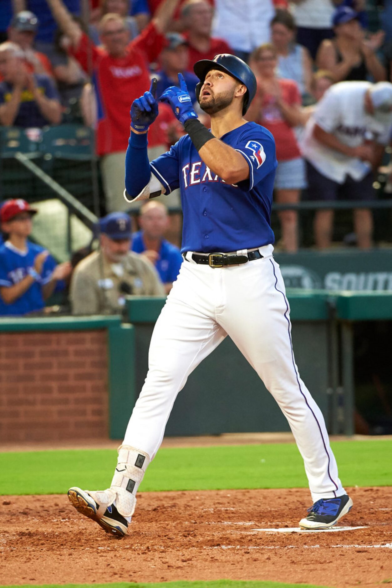 Texas Rangers' Joey Gallo celebrates after hitting a two-run home run against the Baltimore...