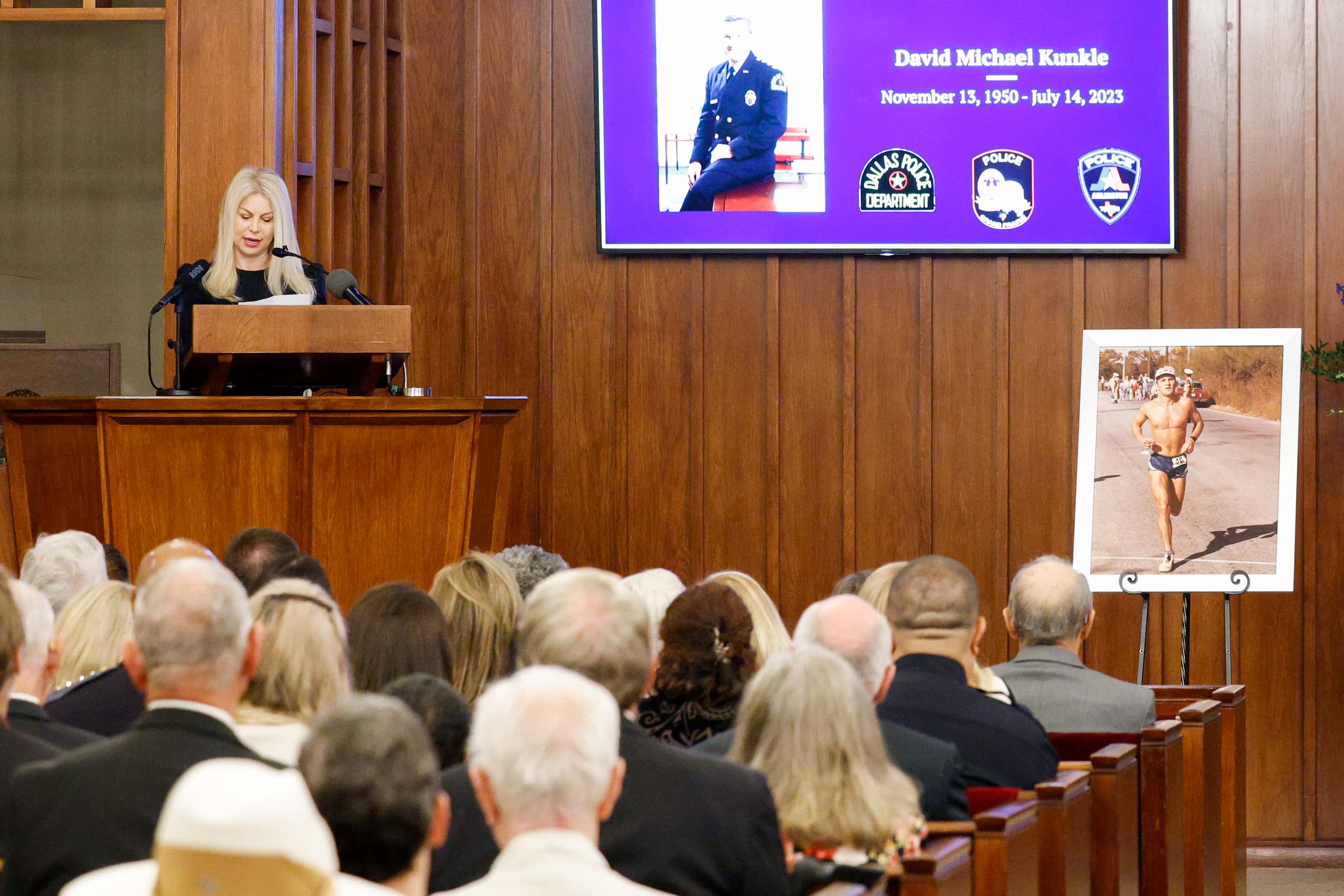 Sarah Dodd eulogizes her husband and former Dallas police Chief David Kunkle during a...