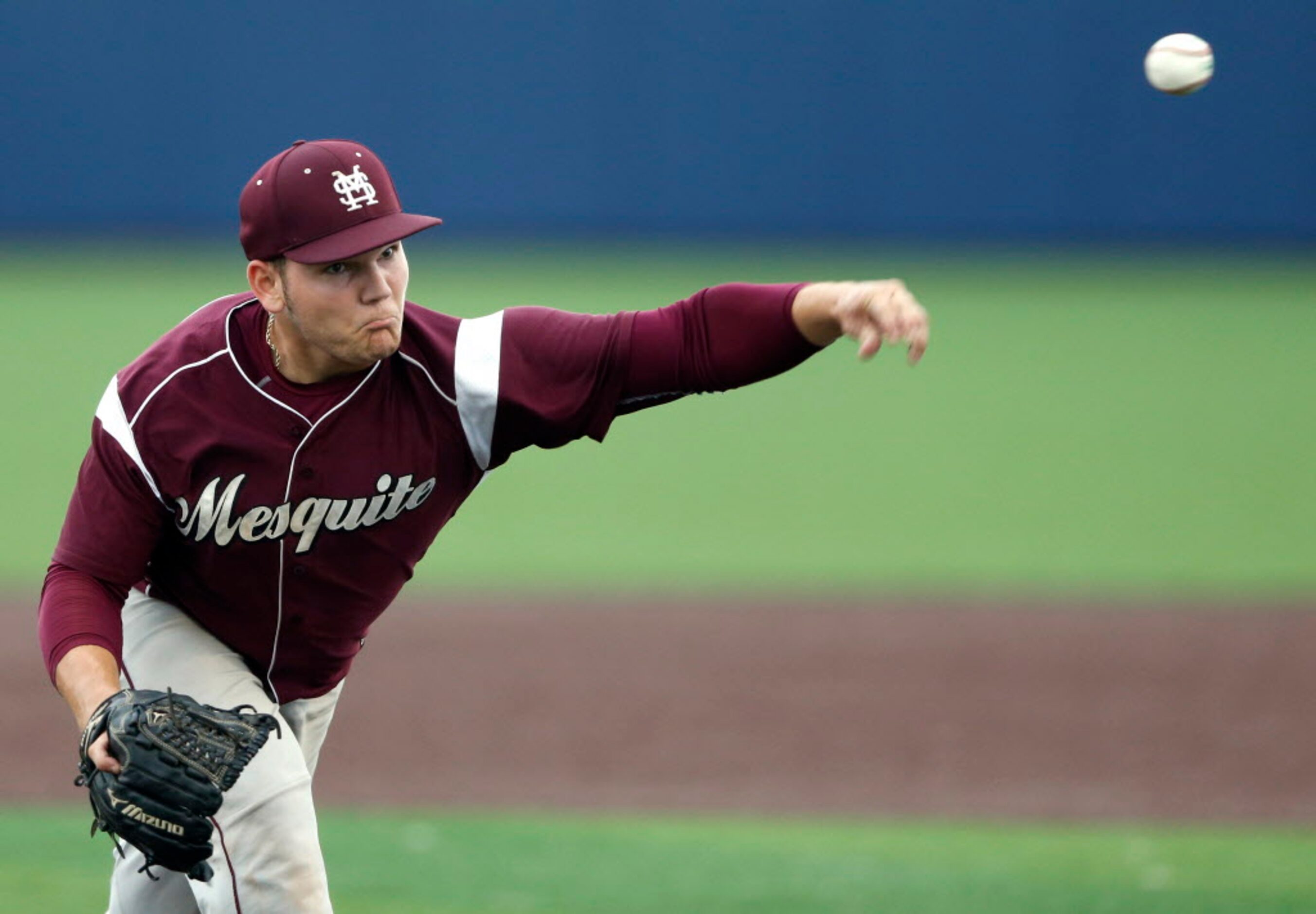 Mesquite's Grant French (10) pitches in a game against Mesquite High School in the first...