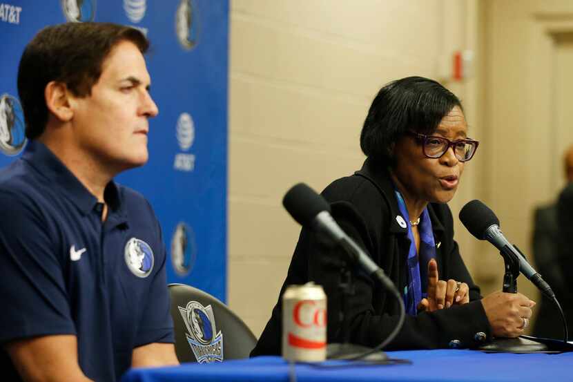 FILE - Dallas Mavericks CEO Cynthia Marshall answers questions from the media as Mavericks...