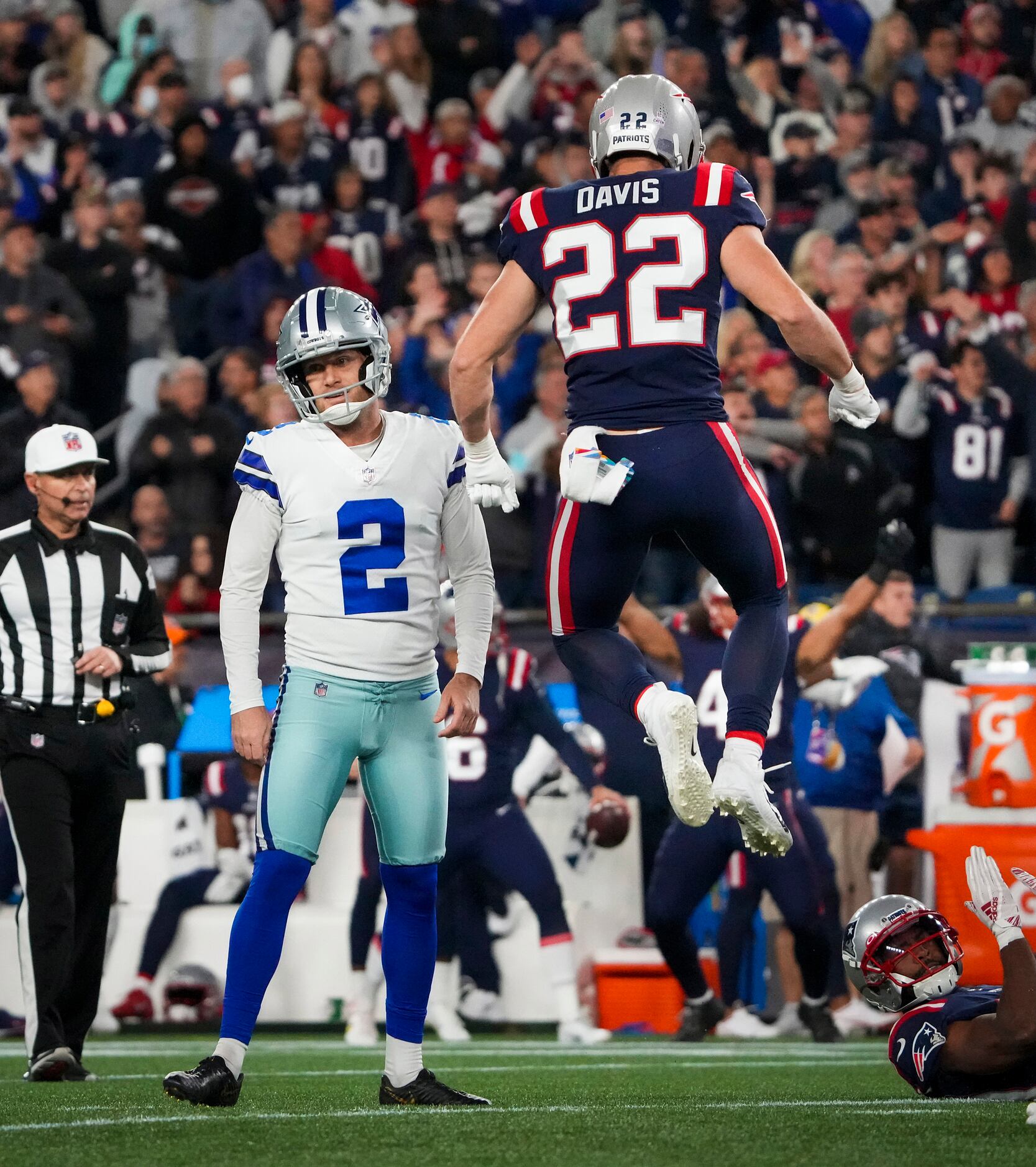 New England Patriots defensive back Cody Davis (22) celebrates after Dallas Cowboys kicker...