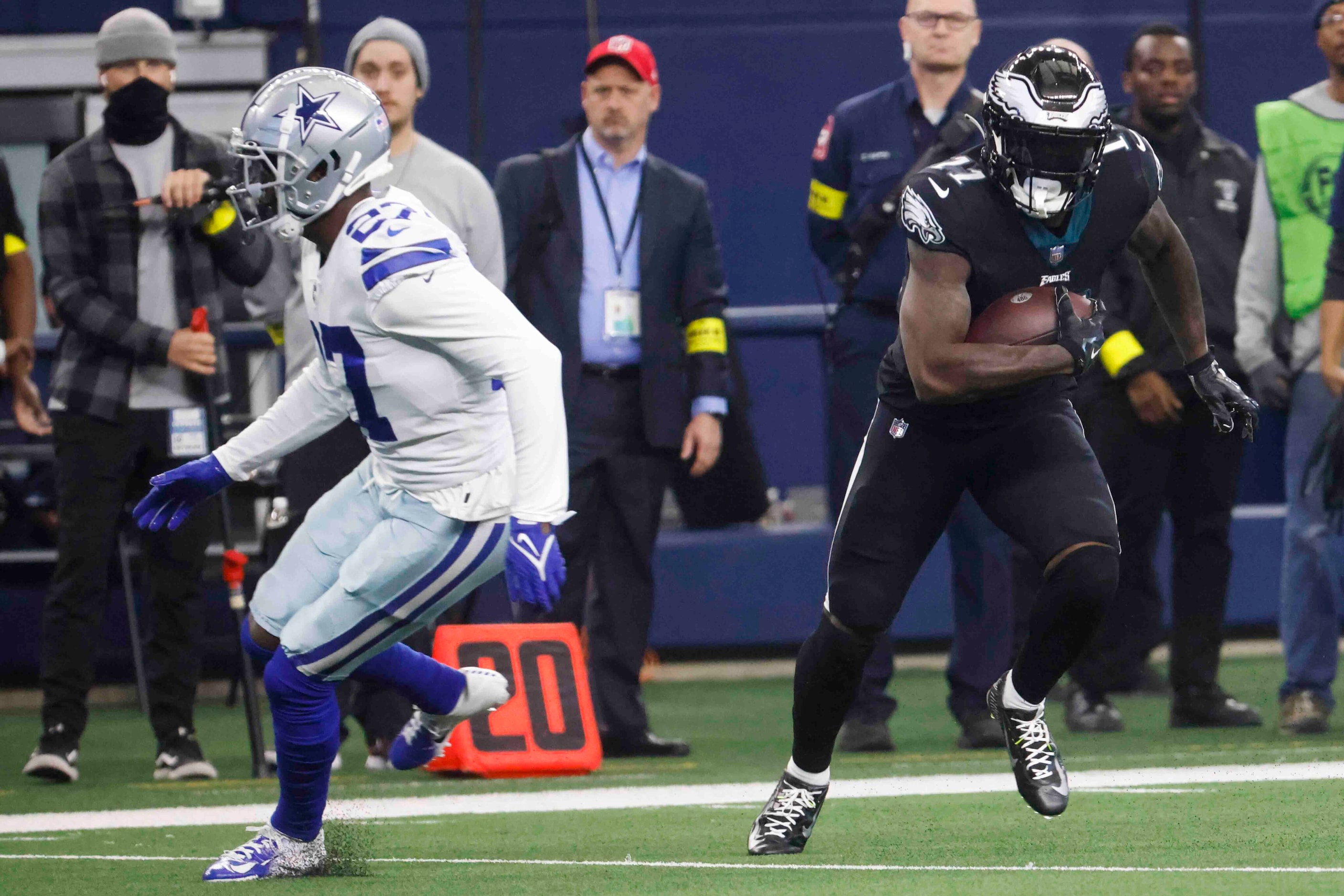 Philadelphia Eagles wide receiver A.J. Brown (11) runs for a  yardage past Dallas Cowboys...