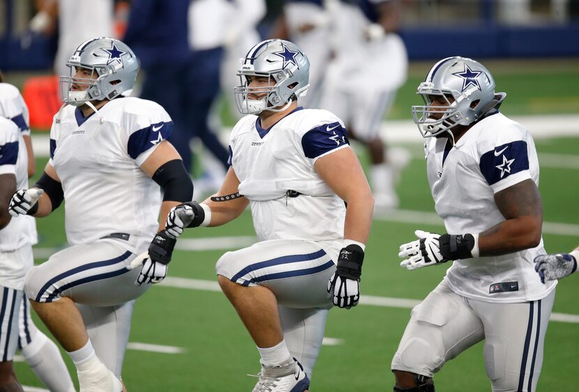 Dallas Cowboys guard Zack Martin (70), Dallas Cowboys guard Connor Williams (52) and Dallas...