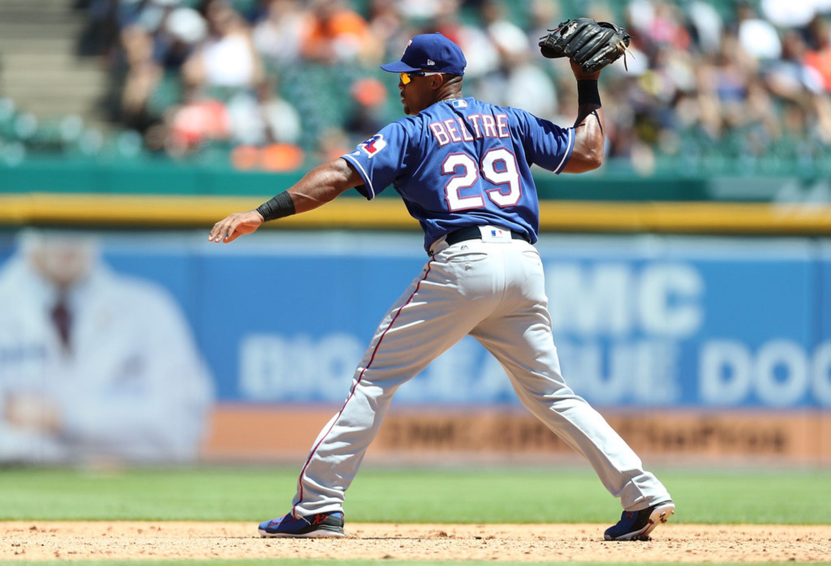 DETROIT, MI - JULY 8: Adrian Beltre #29 of the Texas Rangers reacts to a foul ball during...