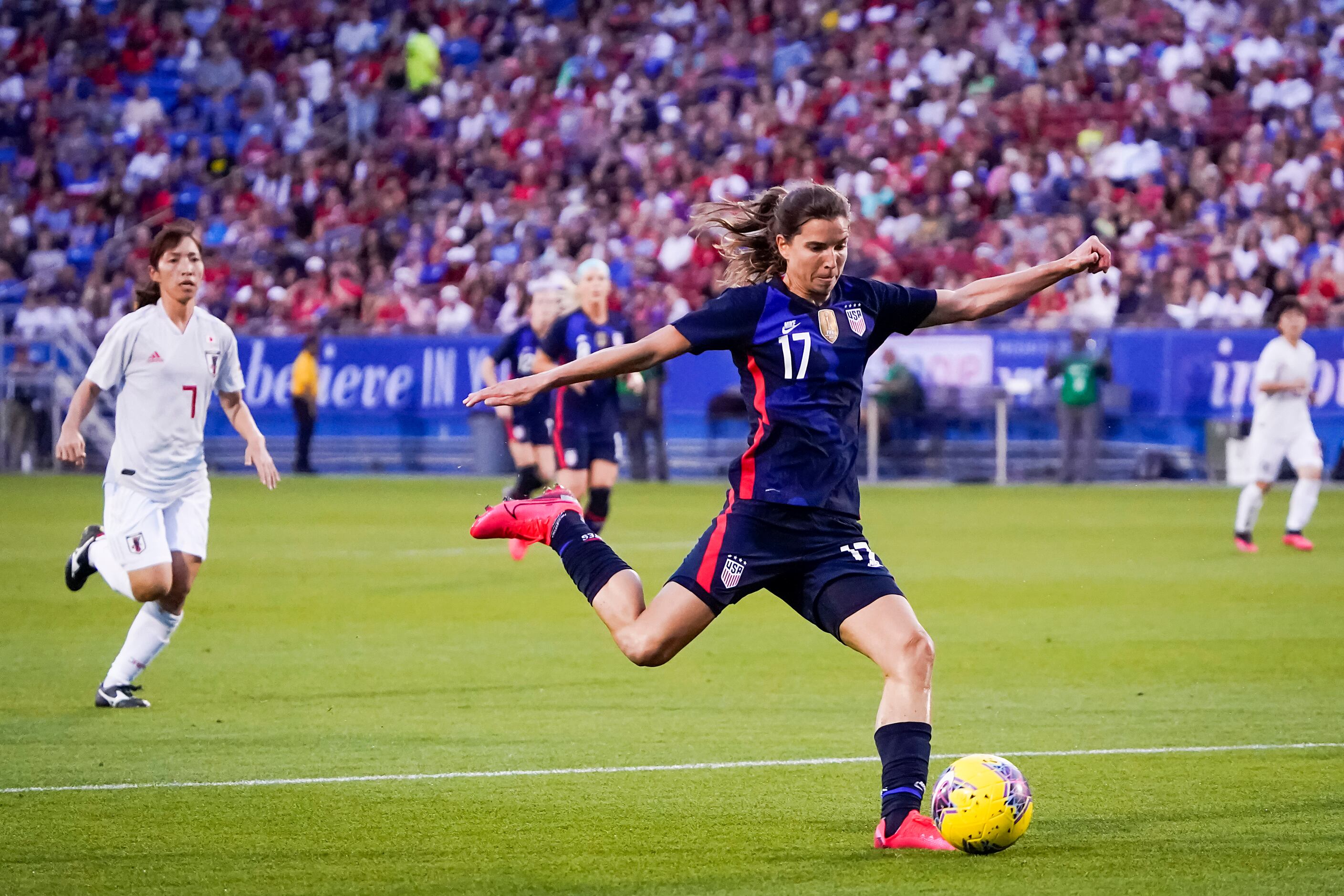 USA forward Tobin Heath takes a shot during the first half of a SheBelieves Cup soccer game...