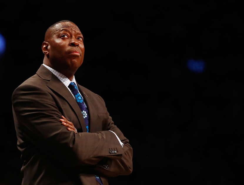 Head Coach Tony Brown of the Brooklyn Nets looks on against the Charlotte Hornets during...