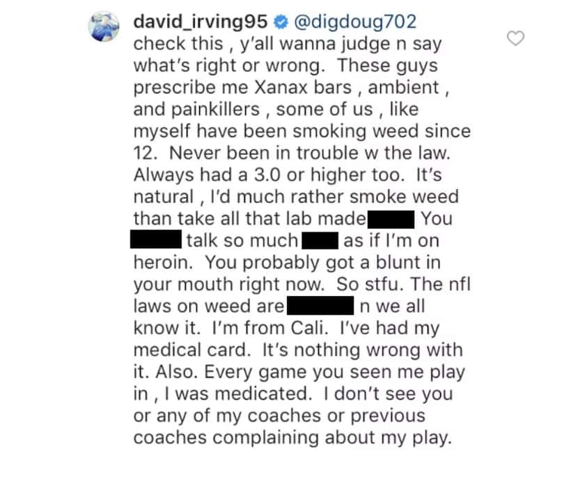 Screenshot from Cowboys defensive lineman David Irving's Instagram