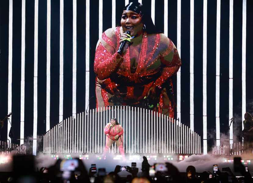 Singer and rap artist Lizzo performs, Friday, Oct. 28, 2022, at American Airlines Center in...