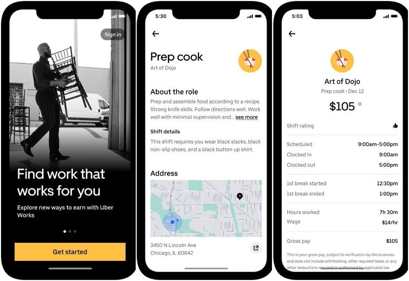 Images of Uber's Uber Works temporary staffing app. (Via Crain's Chicago Business)