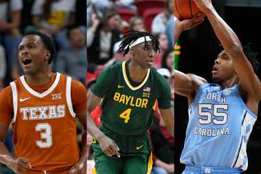 From left to right: Texas' Max Abmas, Baylor's Ja’Kobe Walter and North Carolina's Harrison...