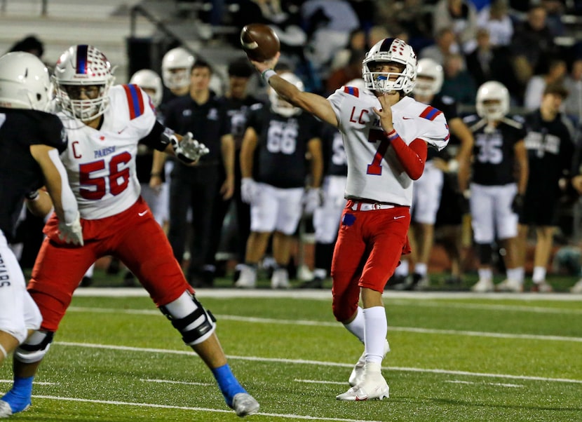 Parish Episcopal QB Sawyer Anderson (7) throws a pass during the first half of a high school...