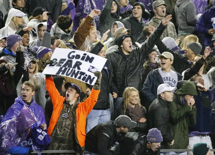 TCU fans get revved up for the game during the Baylor University Bears vs. the TCU Horned...