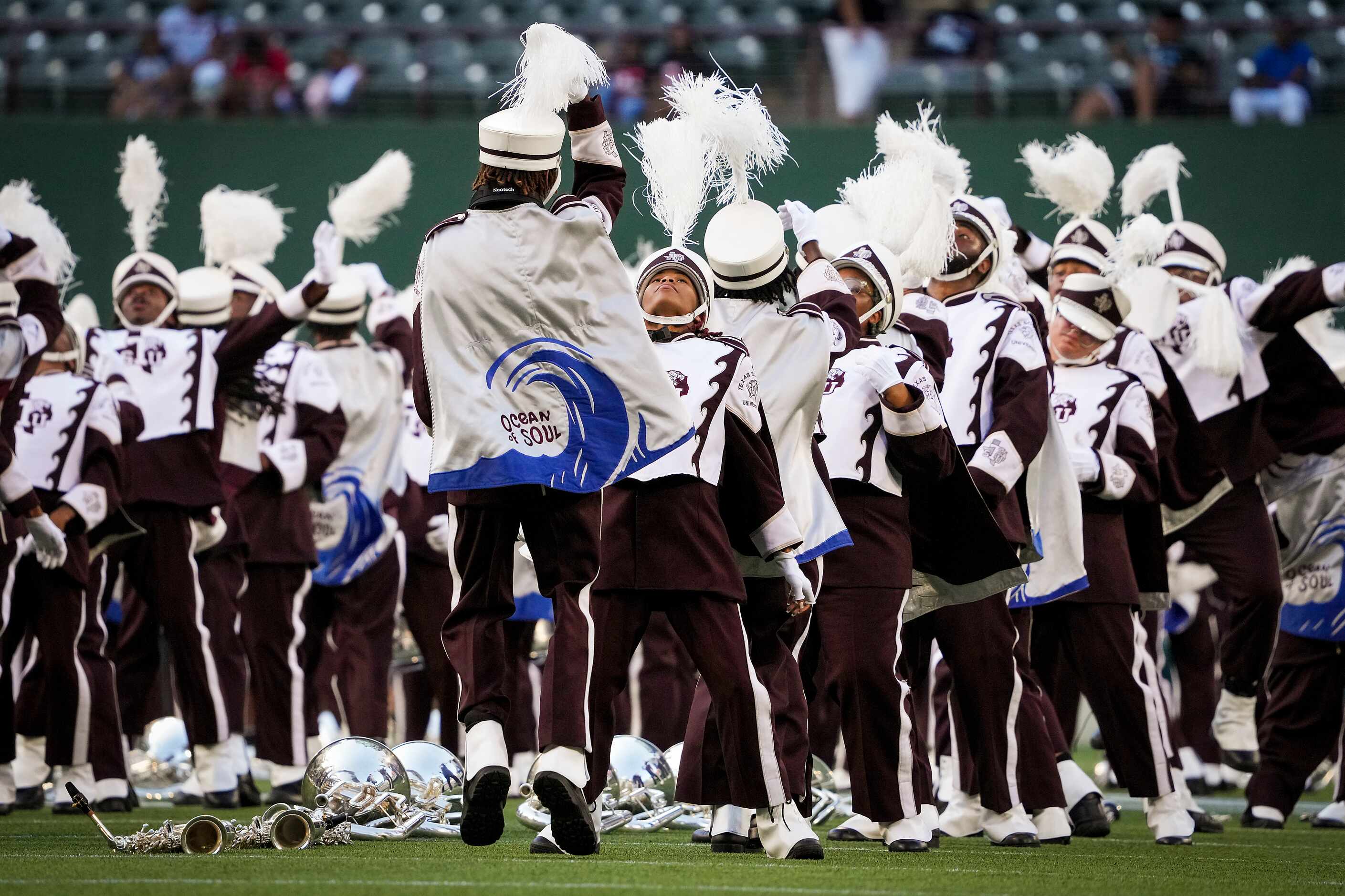 Members of the TSU Ocean of Soul marching band perform during halftime of an NCAA football...