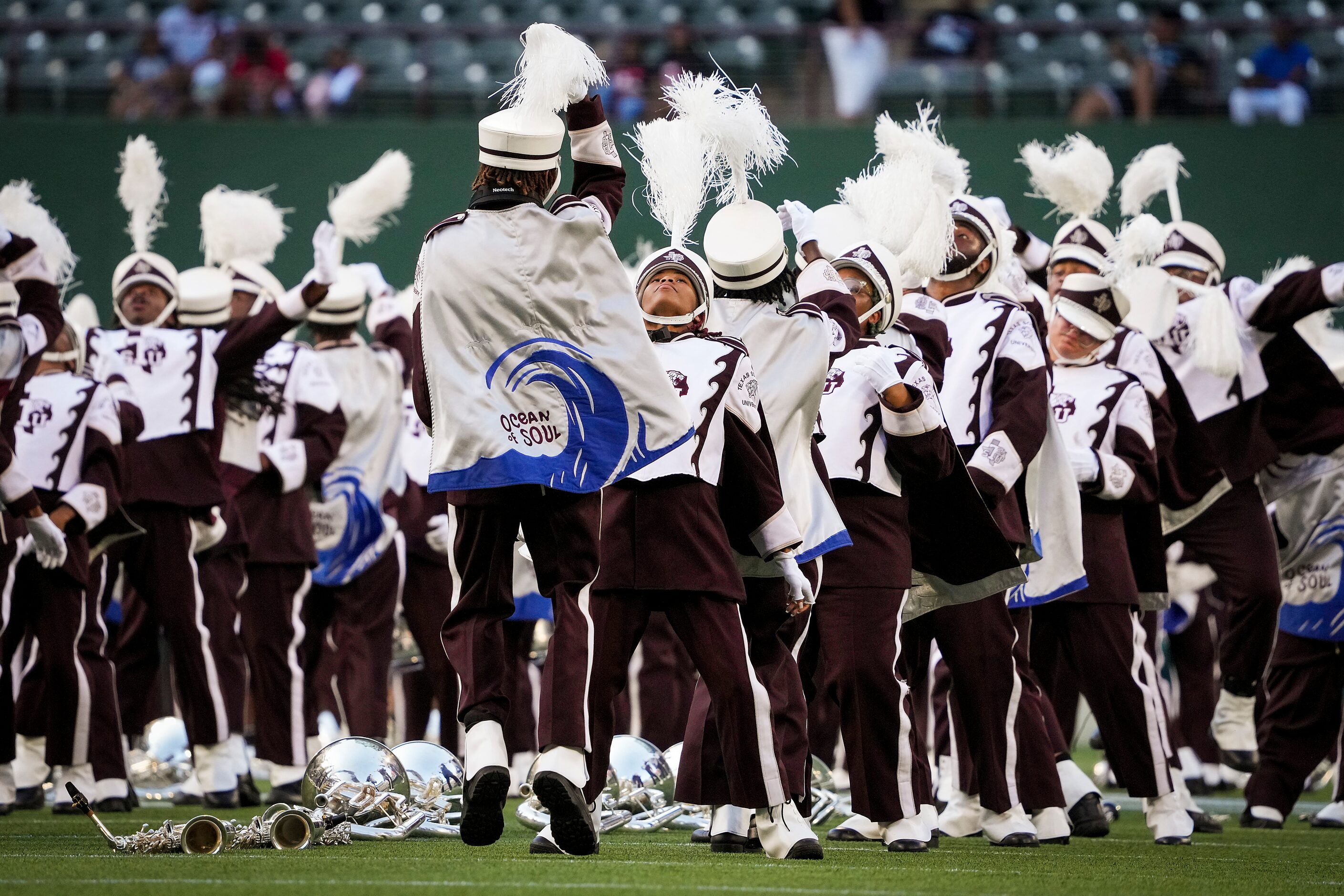 Members of the TSU Ocean of Soul marching band perform during halftime of an NCAA football...