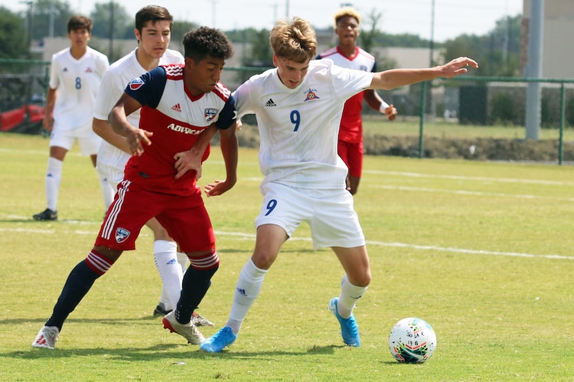 FC Dallas right back Kevin Bonilla defends against #9 Nathan Hayes of Solar SC. (9-22-19)