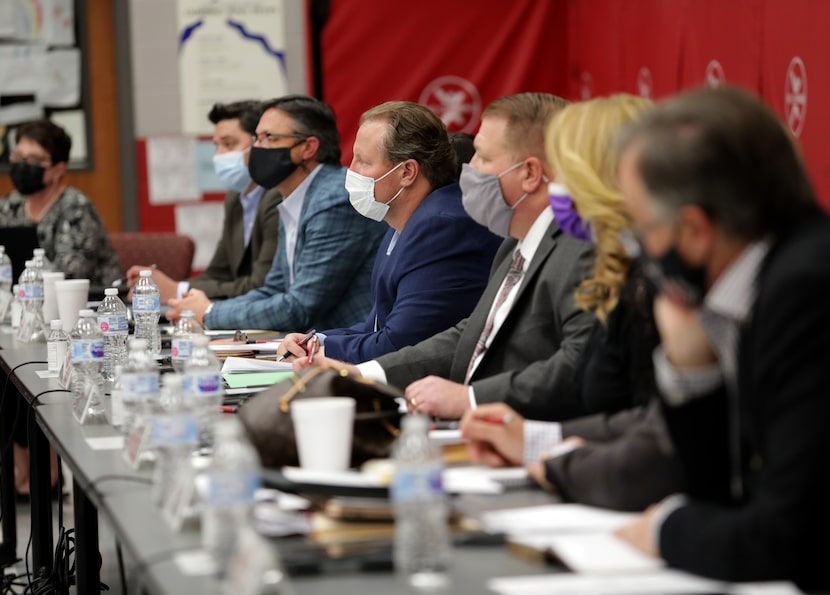 Schoolboard members hold a Lovejoy ISD public meeting at Lovejoy Elementary in Allen, Texas,...