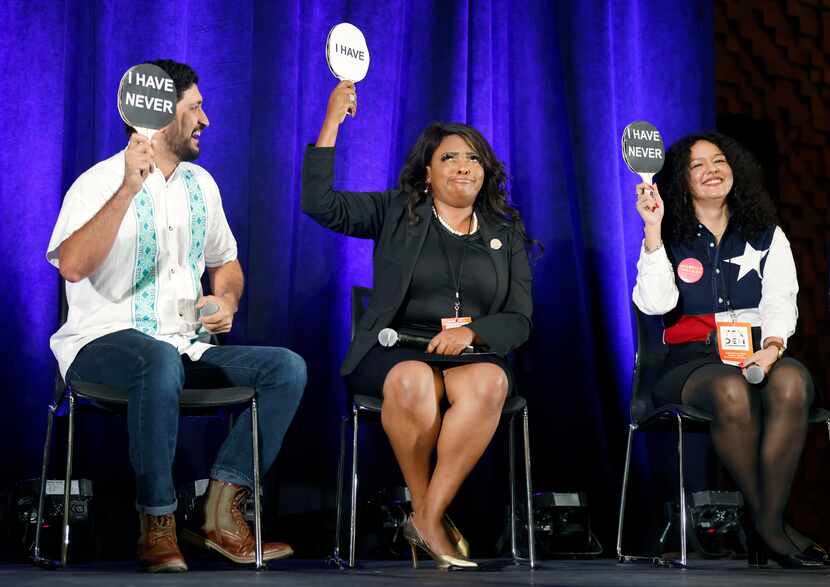 During a Q&A game, state Rep. Jasmine Crockett (center), Democratic candidate for the 30th...