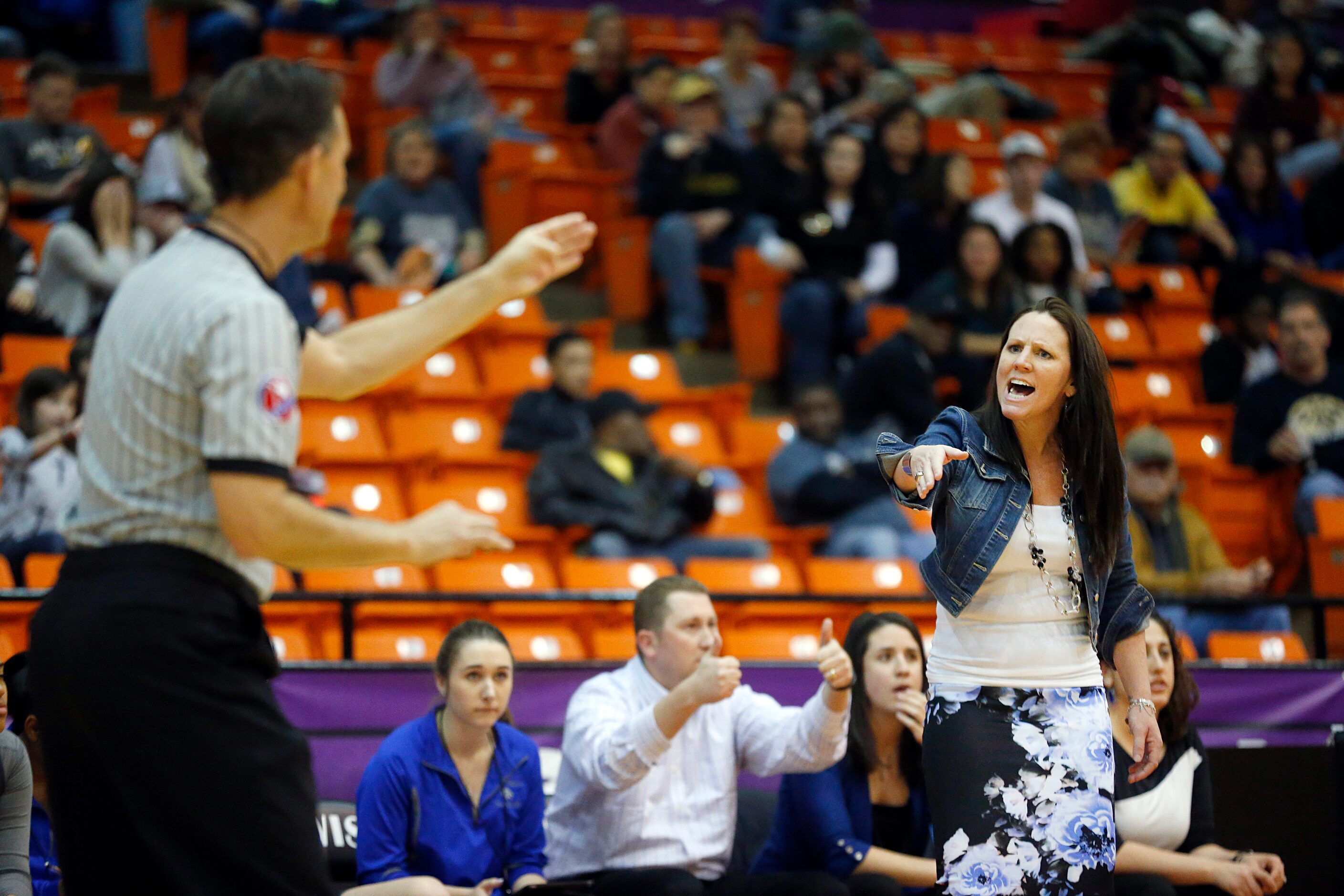 Plano West head coach Kristen Perry disagrees with an officials call as they played Amarillo...