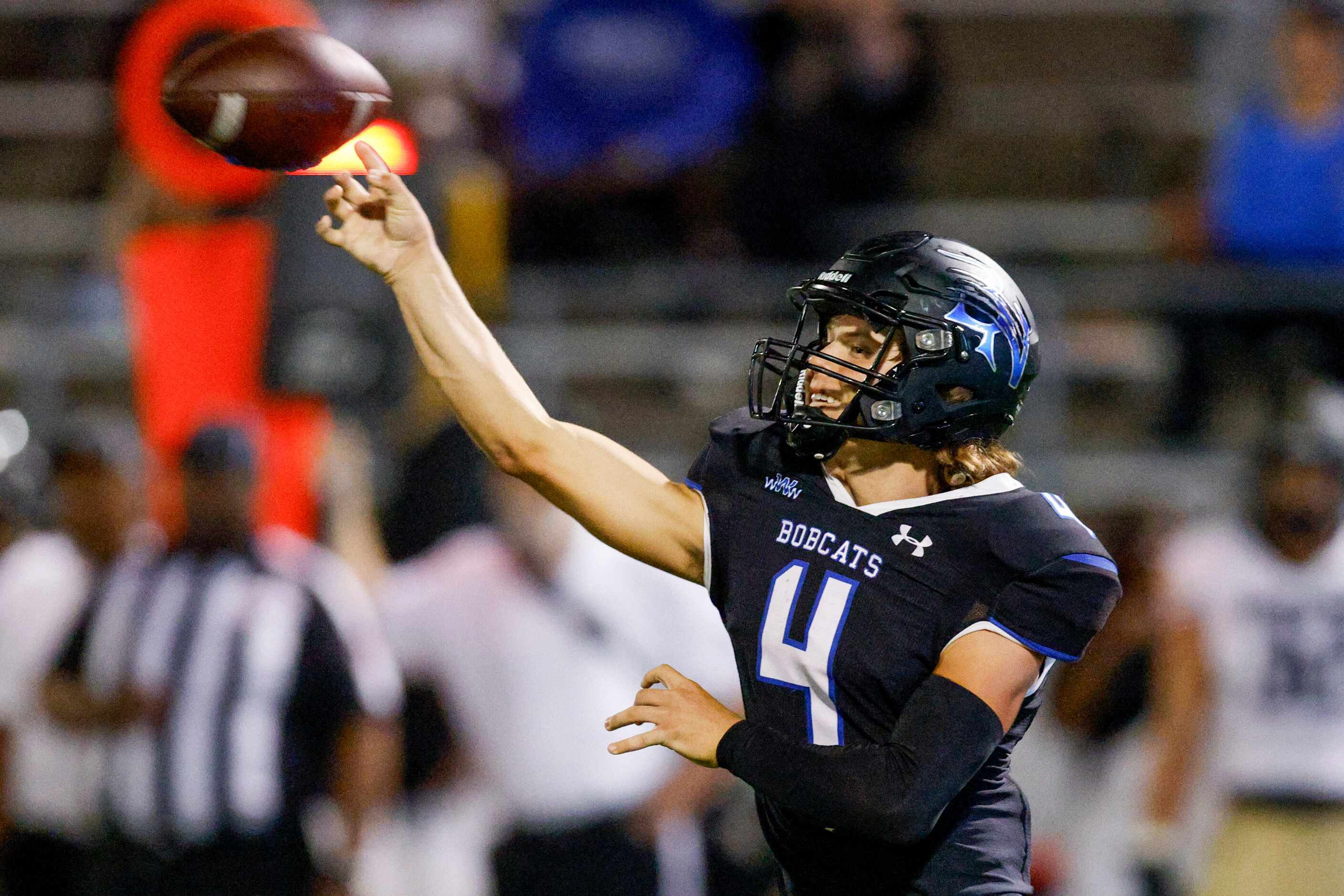 Trophy Club Byron Nelson quarterback Grant Bizjck (4) throws a pass during the second half...