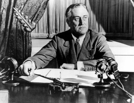 U.S. President Franklin D. Roosevelt delivers his first radio "Fireside Chat" in Washington...