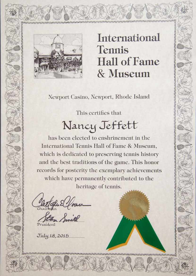 
Nancy Jeffett's International Tennis Hall of Fame induction certificate hangs at her home...