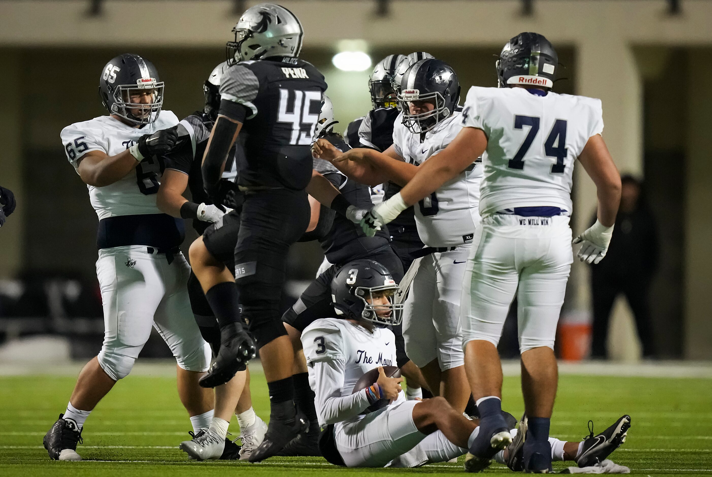 Denton Guyer defensive lineman Ivan Pena (45) celebrates after a stop on Flower Mound...