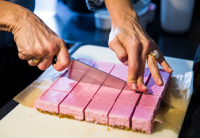 Cat Ruehle cuts dragon fruit dessert bars 