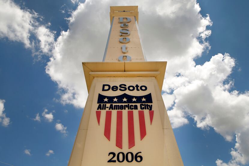 A large obelisk greets people to the City of Desoto, Texas at the intersection of E....