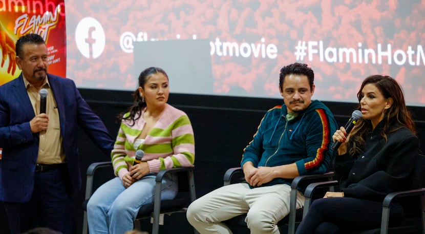 From left, Richard Montañez, actors Annie Gonzalez and Jesse Garcia listen as director Eva...