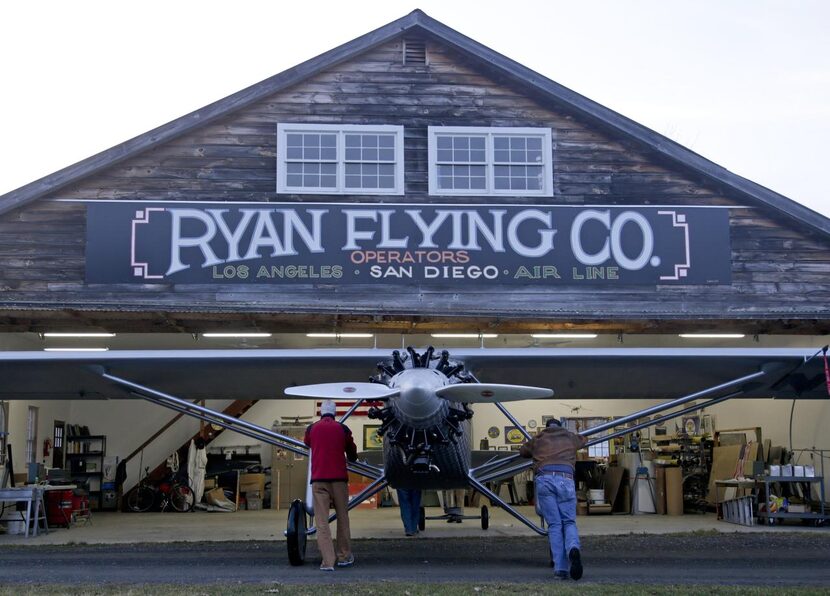 A Spirit of St. Louis  replica is returned to a hangar at Old Rhinebeck Aerodrome in...