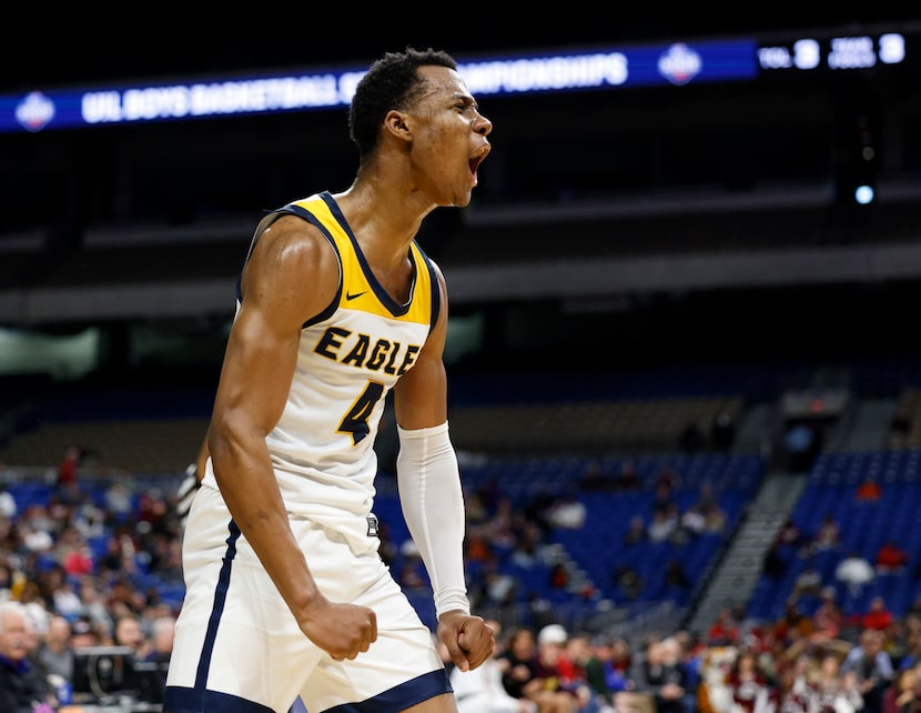 Oak Cliff Faith Family Academy guard TJ Caldwell (4) celebrates a basket during the third...