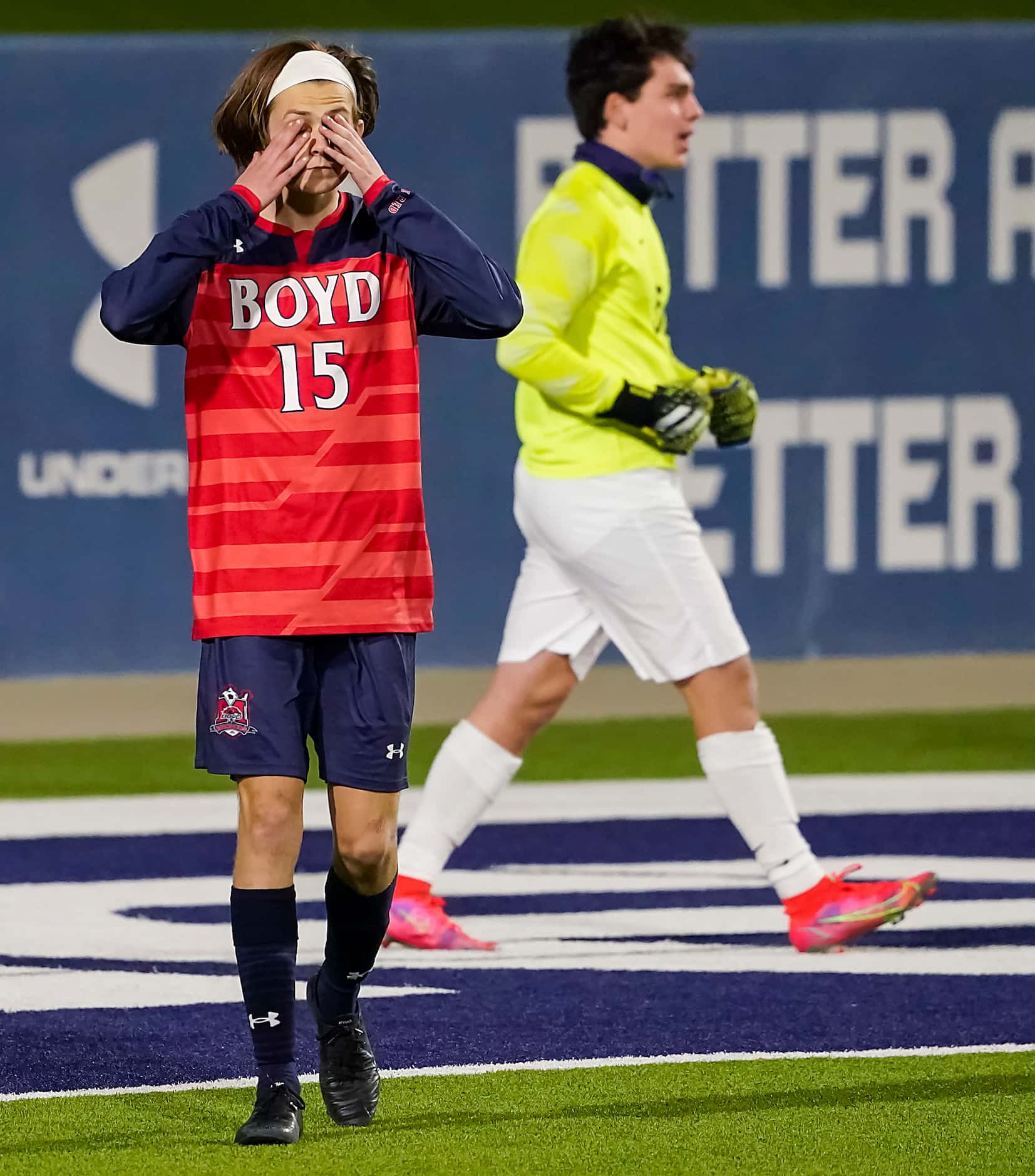 McKinney Boyd midfielder Baily Helms reacts after a save by Jesuit goalkeeper Cole Hines...