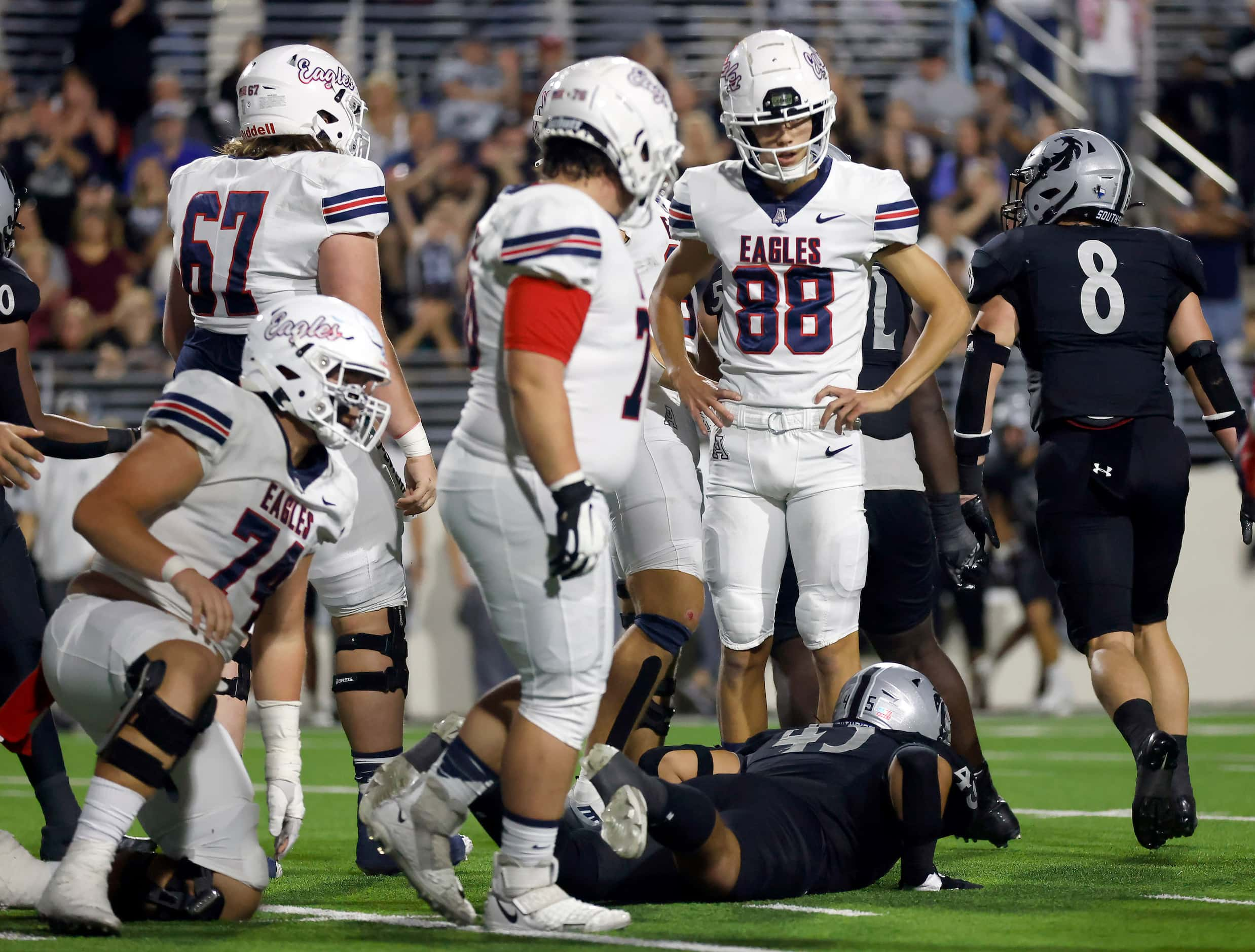 Allen kicker Jake Morgan (88) reacts a after missing a second quarter field goal against...