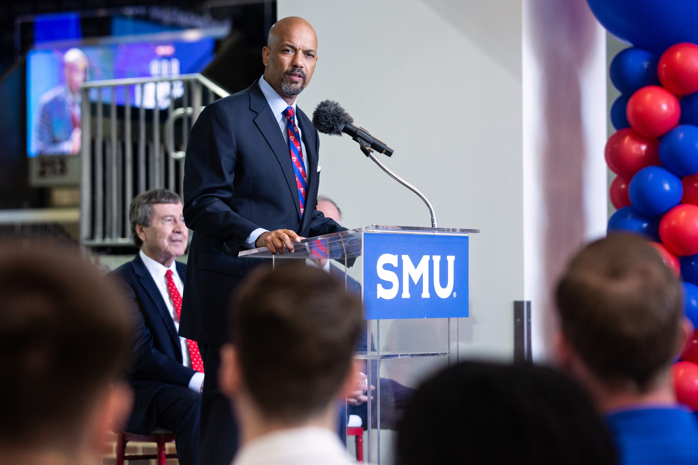 SMU’s new Head Men’s Basketball Coach Rob Lanier addresses the SMU men’s basketball players...