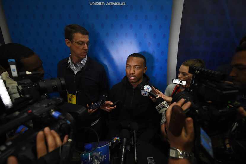 Duke's Wendell Carter Jr. speaks with reporters during the NBA draft combine last month in...