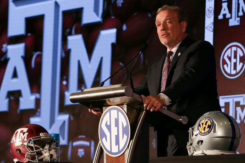 Texas A&M head coach Jimbo Fisher speaks to reporters during an NCAA college football news...