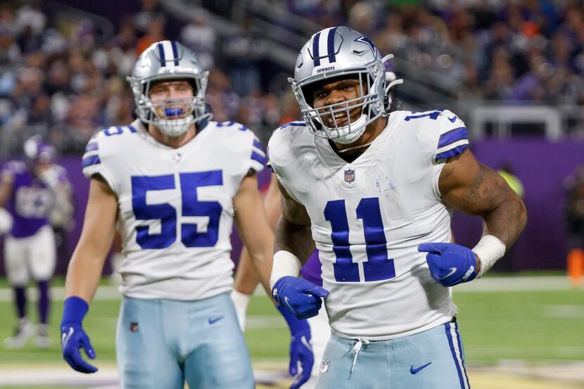 Dallas Cowboys outside linebacker Micah Parsons (11) celebrates after a tackle with Dallas...
