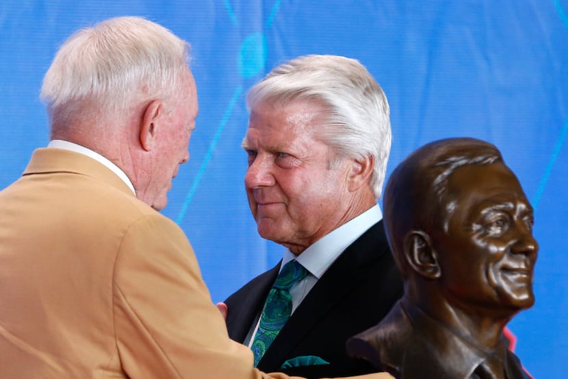 Former Dallas Cowboys head coach Jimmy Johnson listens as 2017 Pro Football Hall of Fame...