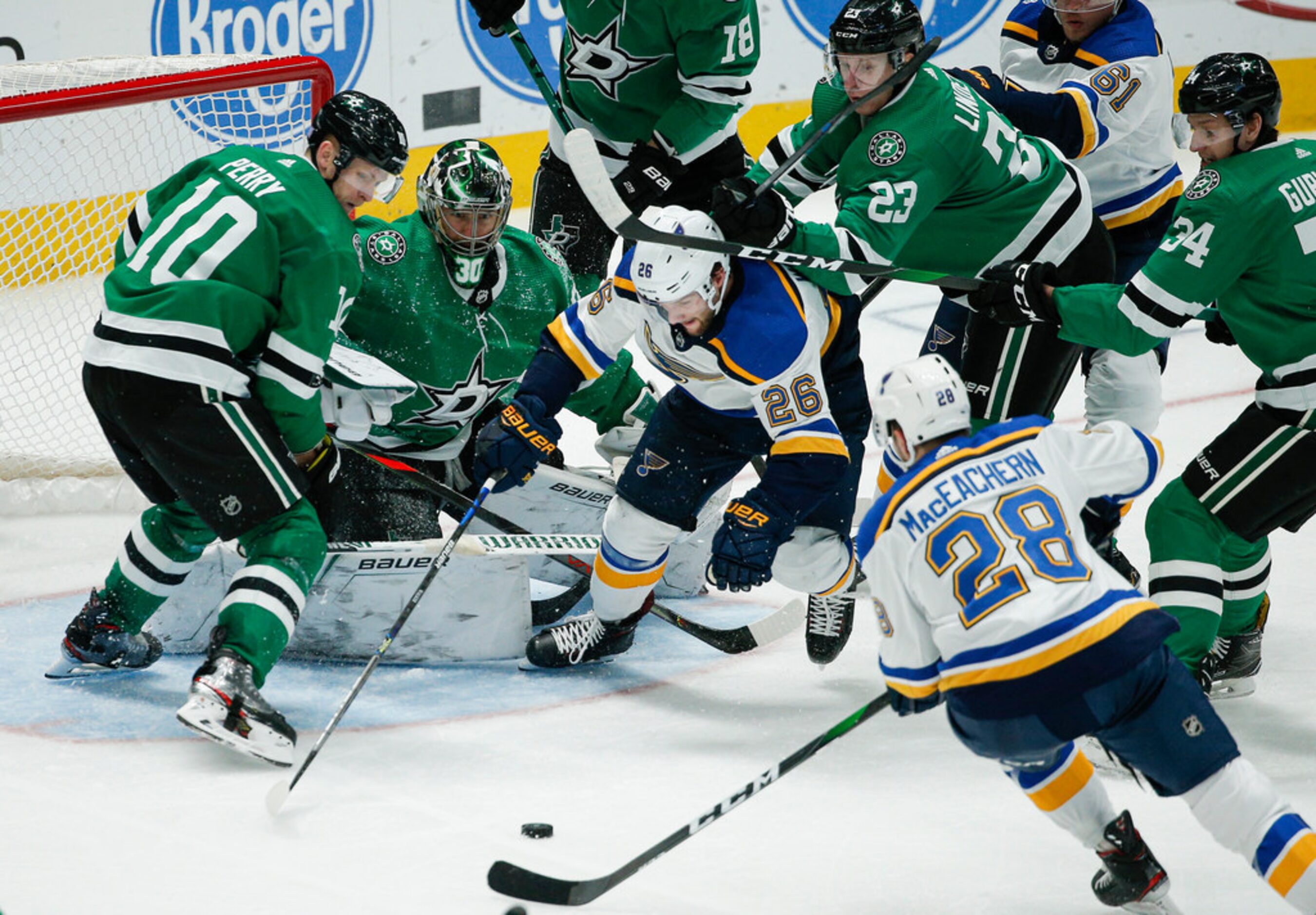 St. Louis Blues forward Mackenzie MacEachern (28) and St. Louis Blues forward Nathan Walker...