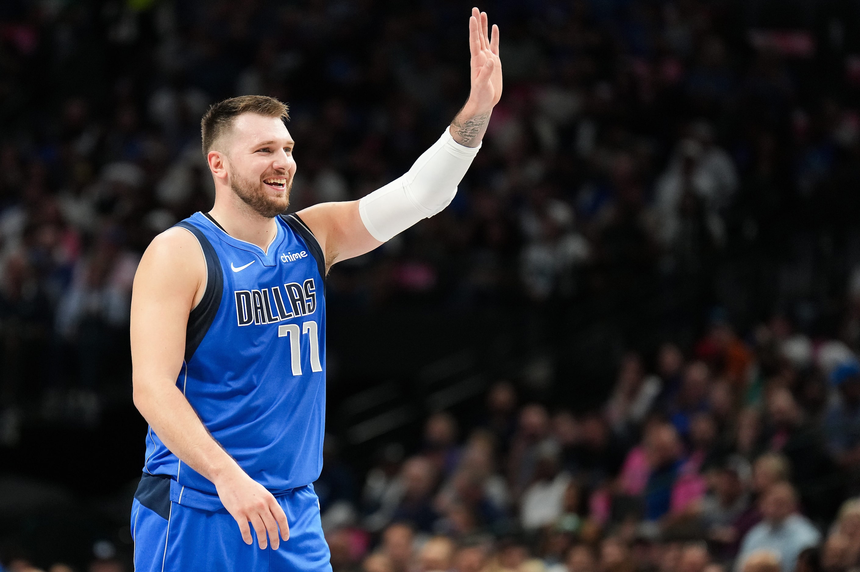 Dallas Mavericks guard Luka Doncic reacts after a call during the first half of an NBA...