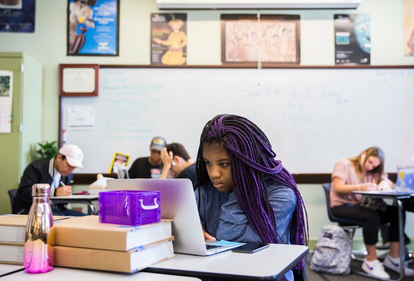 Tenth-grade theater student Nickija Alexander, 15, works Friday during in an independent...