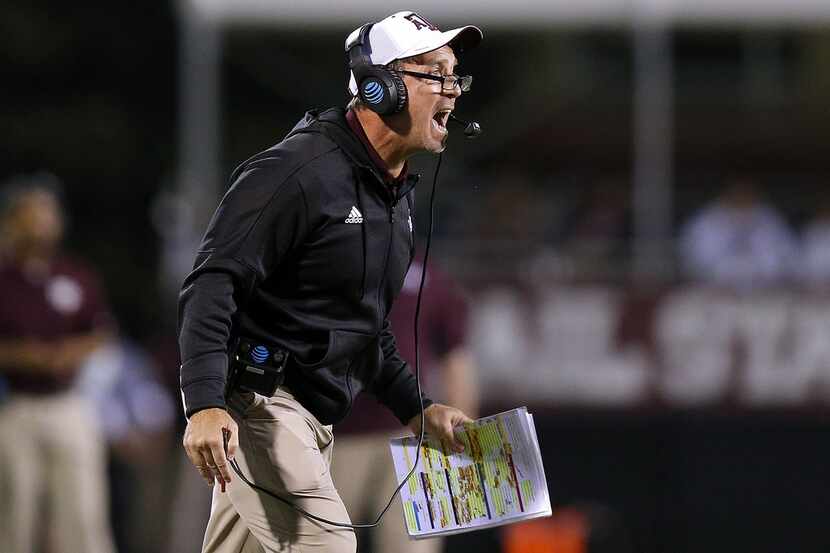 STARKVILLE, MS - OCTOBER 27: Head coach Jimbo Fisher of the Texas A&M Aggies reacts during...