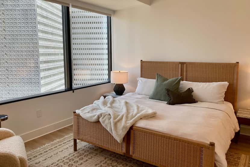 A bedroom in the new Peridot Apartments at downtown Dallas' Santander Tower.
