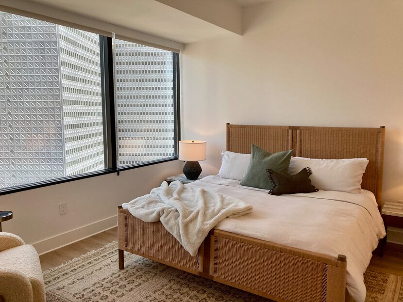 A bedroom in the new Peridot Apartments at downtown Dallas' Santander Tower.