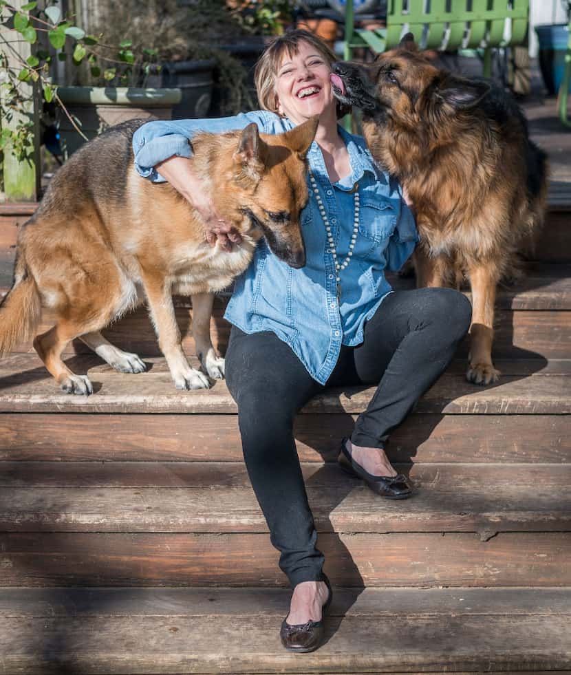 Mystery author Deborah Crombie with her dogs Jasmine (left) and Dax at her home in McKinney  