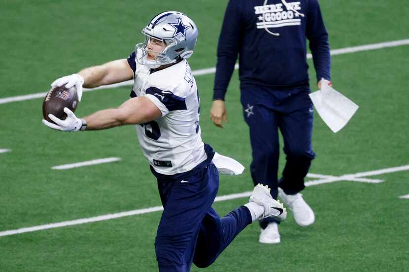 Dallas Cowboys tight end Luke Schoonmaker (86) catches a pass during a practice at The Star,...